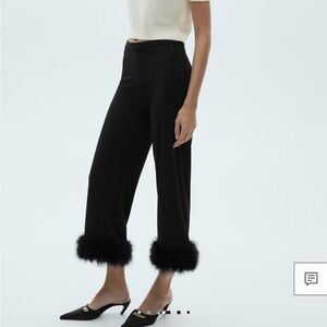 Mango Black Wide-Leg Pants with Fur Hem